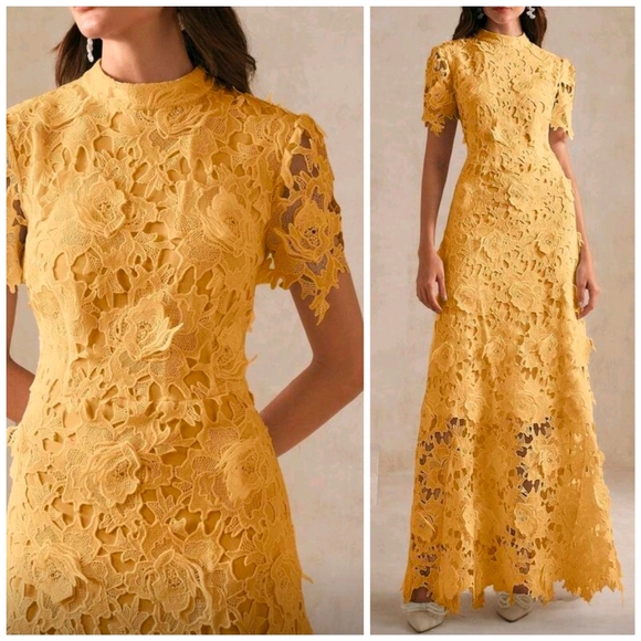 New Luxe Embroidered Sheer Floral Long Dress Short Sleeve Yellow